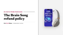 The Brain Song refund policy guide: The Brain Song audio on a phone with headphones in the seller's mockup