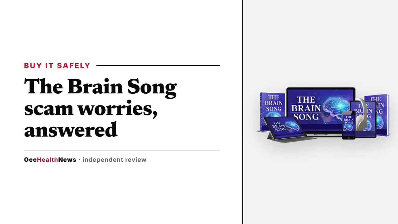 The Brain Song scam worries: The Brain Song audio on a phone with headphones, shown in the seller's mockup