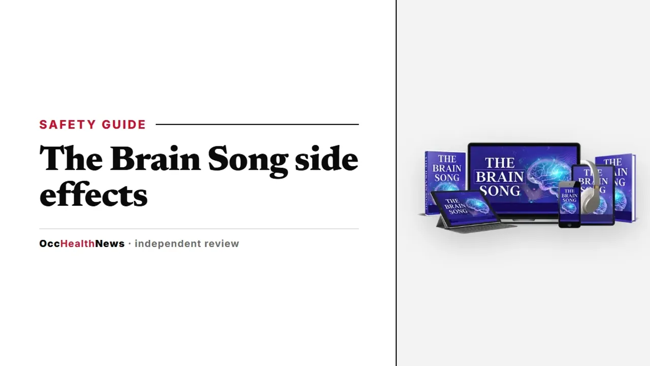 The Brain Song side effects safety guide: The Brain Song audio on a phone with headphones in the seller's mockup