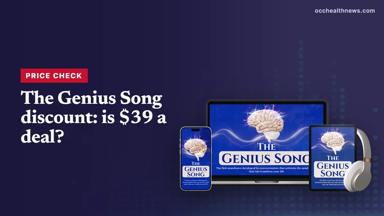 The Genius Song discount: seller's device mockup of the audio track on a dark navy equaliser background