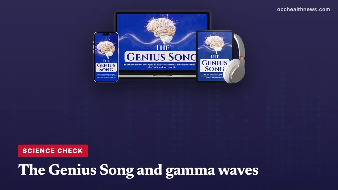 The Genius Song gamma waves: seller's device mockup of the audio track on a dark navy equaliser background