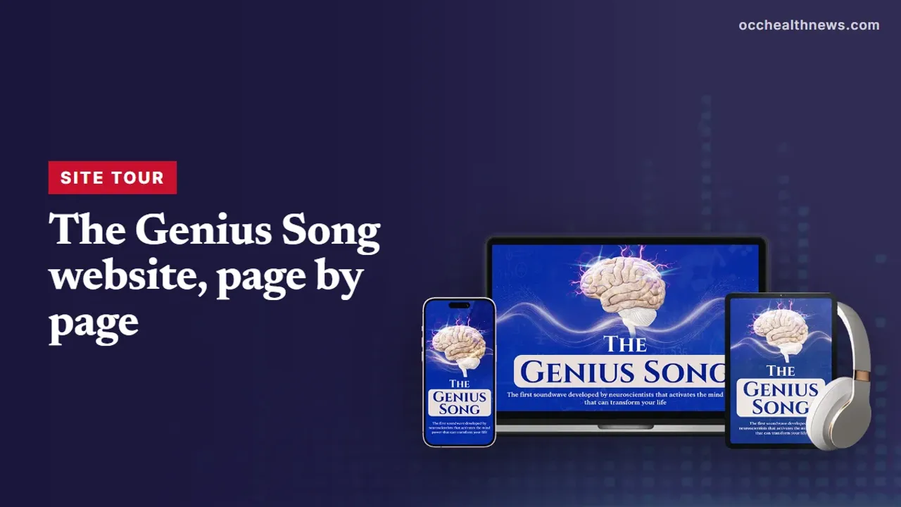The Genius Song official website: seller's device mockup of the audio track on a dark navy equaliser background