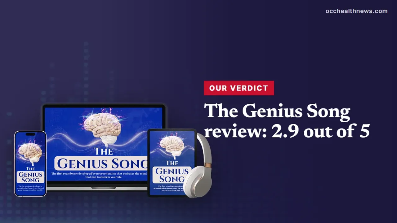 The Genius Song review: seller's device mockup of the audio track on a dark navy equaliser background