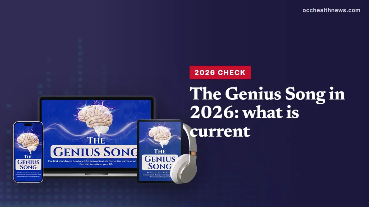 The Genius Song reviews 2026: seller's device mockup of the audio track on a dark navy equaliser background