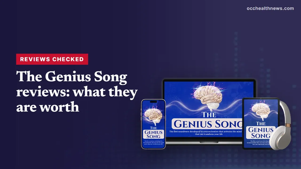 The Genius Song reviews: seller's device mockup of the audio track on a dark navy equaliser background
