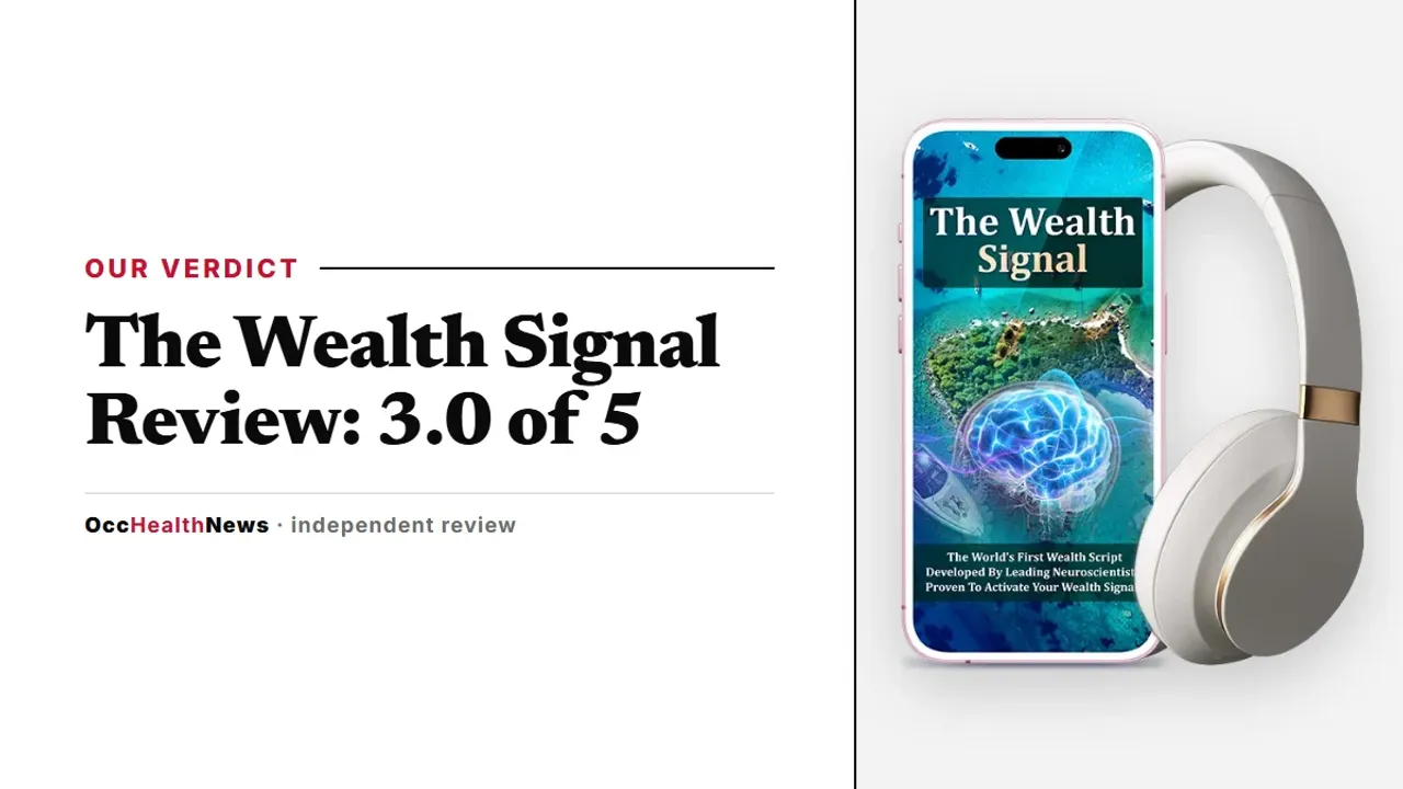 The Wealth Signal review: the seller's mockup of The Wealth Signal on a phone with headphones, on our editorial layout
