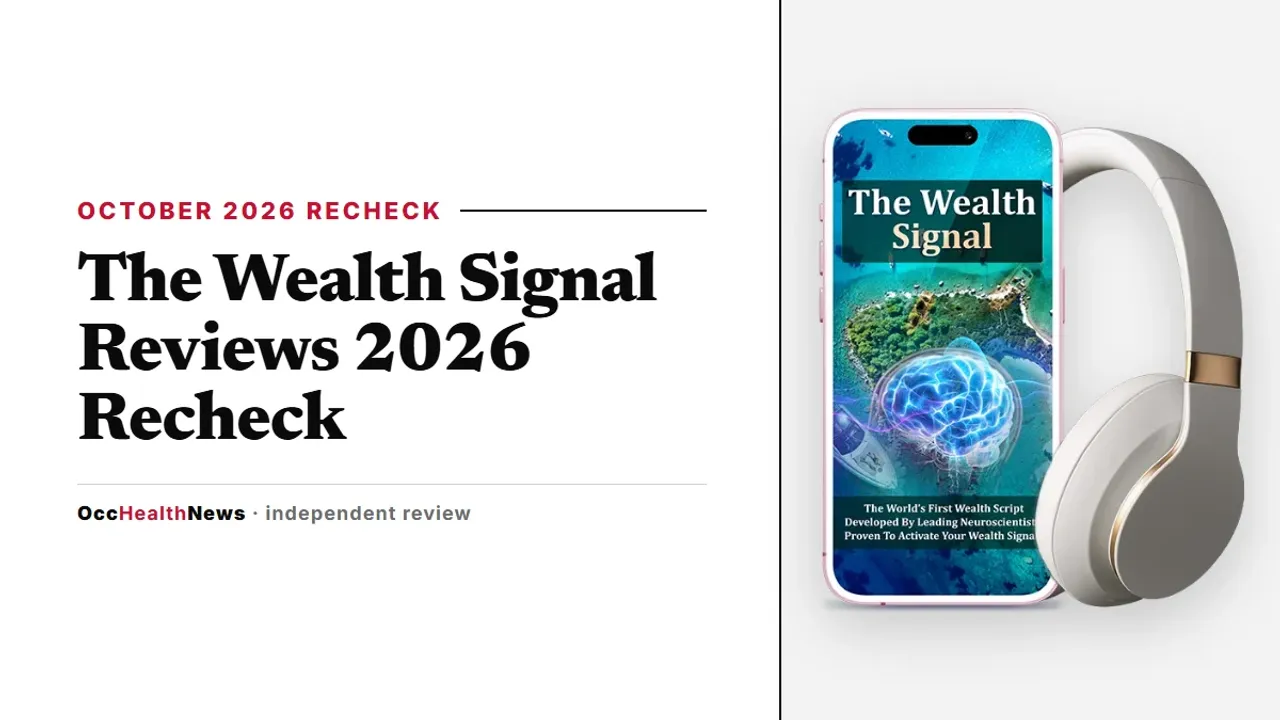 The Wealth Signal reviews 2026: the seller's mockup of The Wealth Signal on a phone with headphones, on our editorial layout