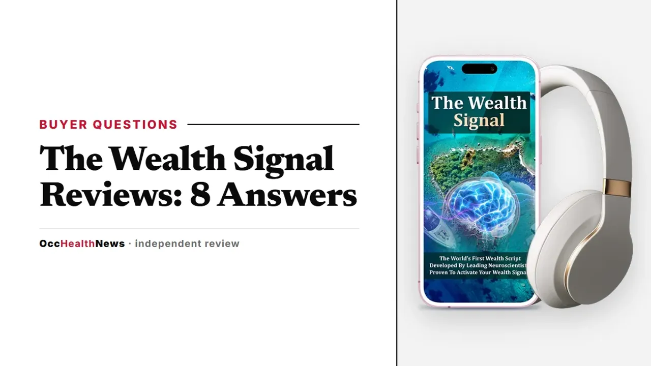 The Wealth Signal reviews: the seller's mockup of The Wealth Signal on a phone with headphones, on our editorial layout