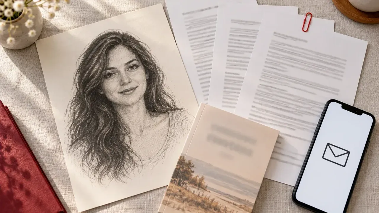 Tina Aldea official site: flat lay of a pencil-style portrait sketch of a fictional woman with printed reading pages