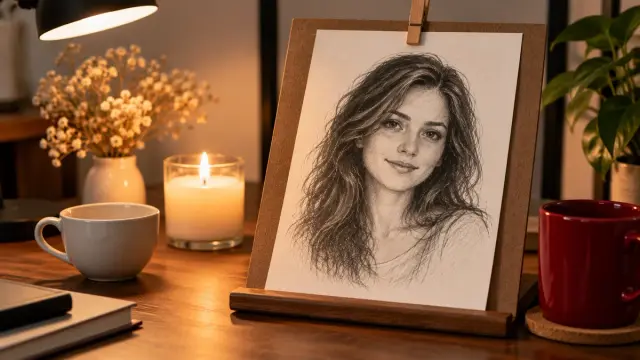 Tina Aldea scam: pencil-style portrait sketch of a fictional woman on a small wooden stand beside a lit candle, a white cup