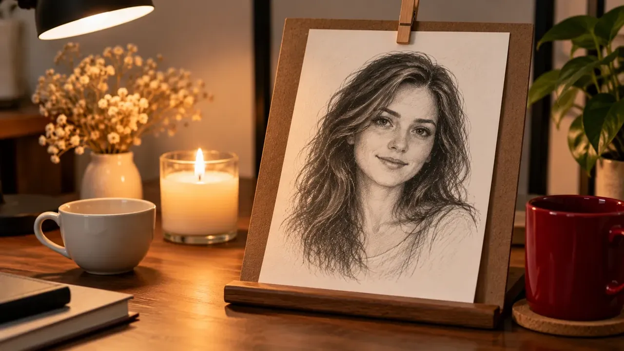 Tina Aldea scam: pencil-style portrait sketch of a fictional woman on a small wooden stand beside a lit candle, a white cup