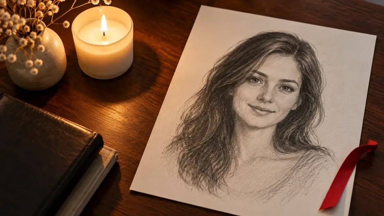 Tina Aldea soulmate drawing: printed pencil-style portrait sketch of a fictional woman on a dark wooden desk