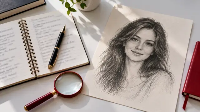 Tina Aldea real or fake: pencil-style portrait sketch of a fictional woman on paper beside an open notebook and a black pen