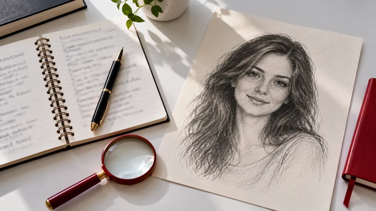 Tina Aldea reviews: pencil-style soulmate portrait sketch of a fictional face on paper on a desk with pencils, a lit candle