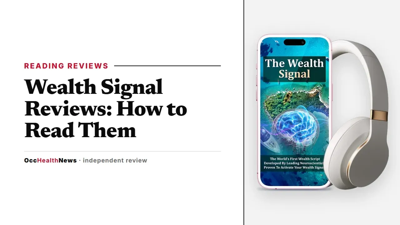 Wealth Signal reviews: the seller's mockup of The Wealth Signal on a phone with headphones, on our editorial layout
