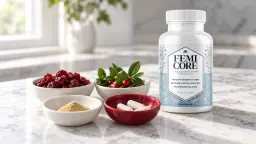 FemiCore ingredients list: the bottle on a white kitchen counter beside small dishes of cranberries, dried bearberry leaves
