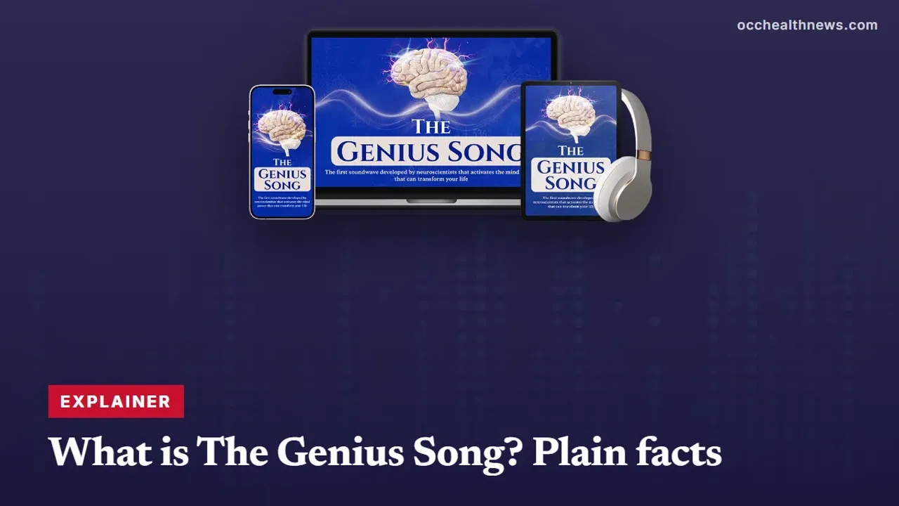 What is The Genius Song: seller's device mockup of the audio track on a dark navy equaliser background