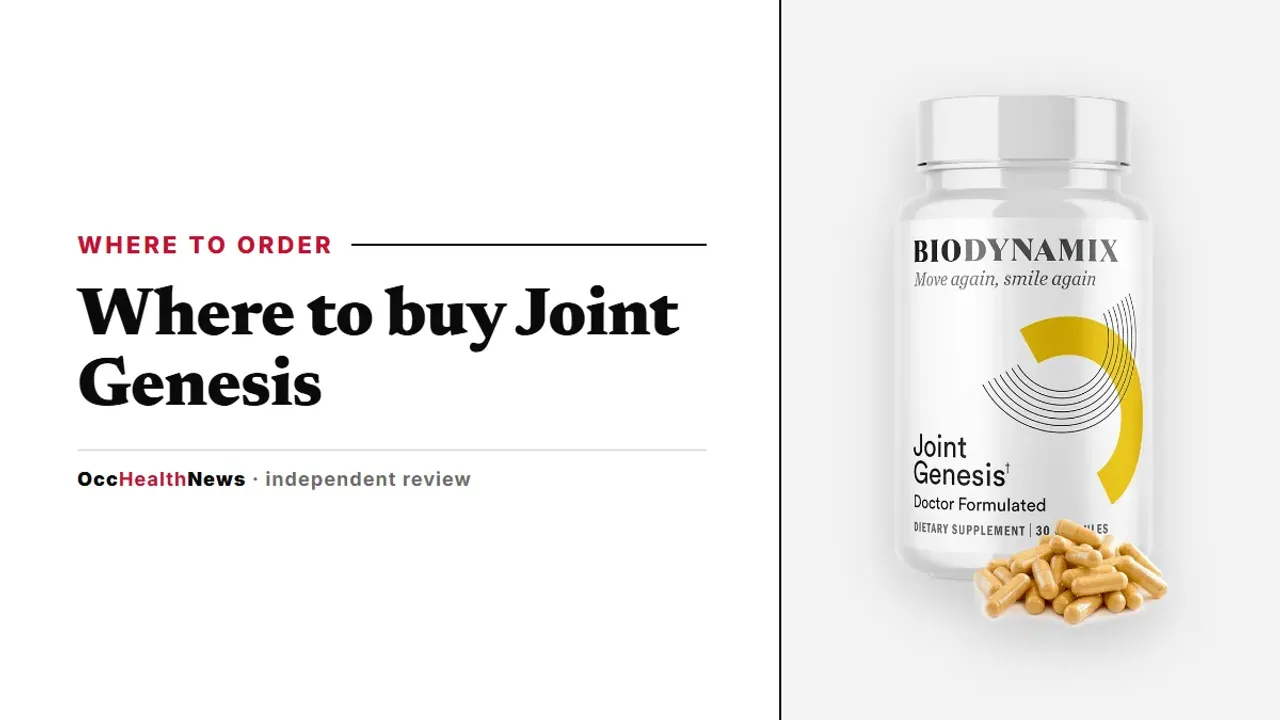 Where to buy Joint Genesis: a Joint Genesis bottle by BioDynamix with capsules on a light grey panel
