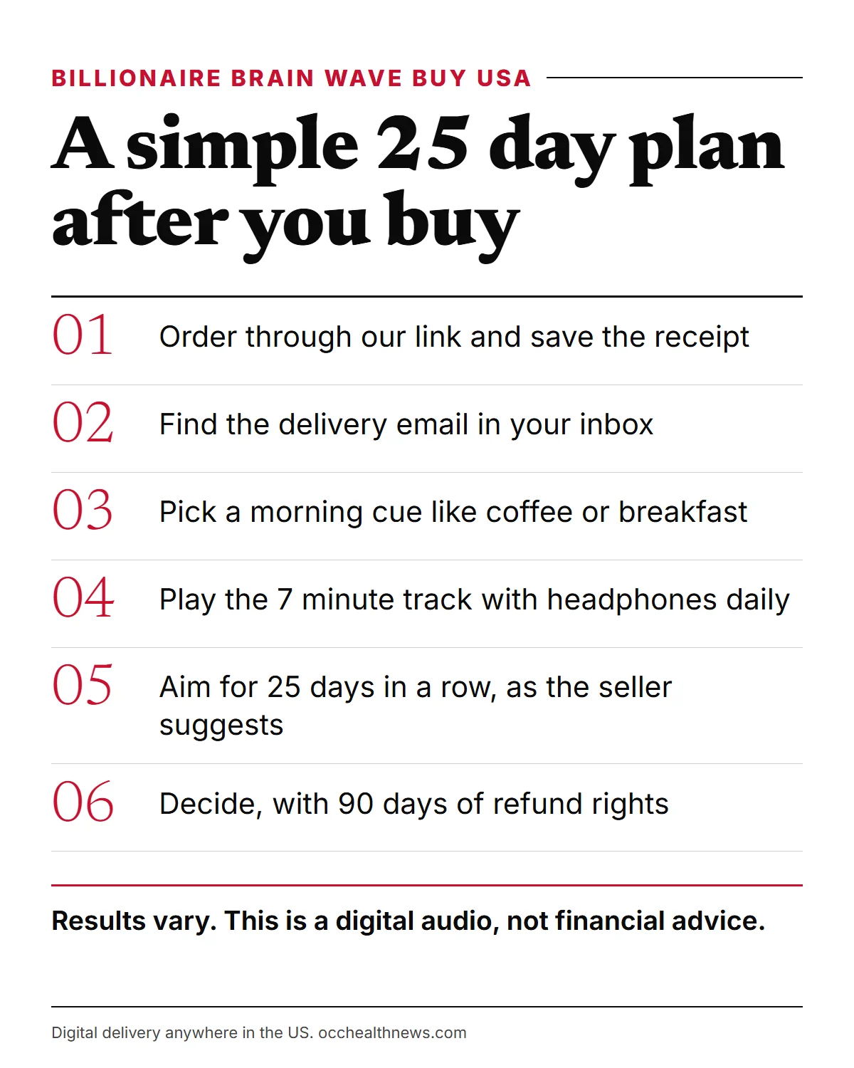 Billionaire Brain Wave buy USA: the 25-day routine and the 90-day guarantee timeline for an American buyer