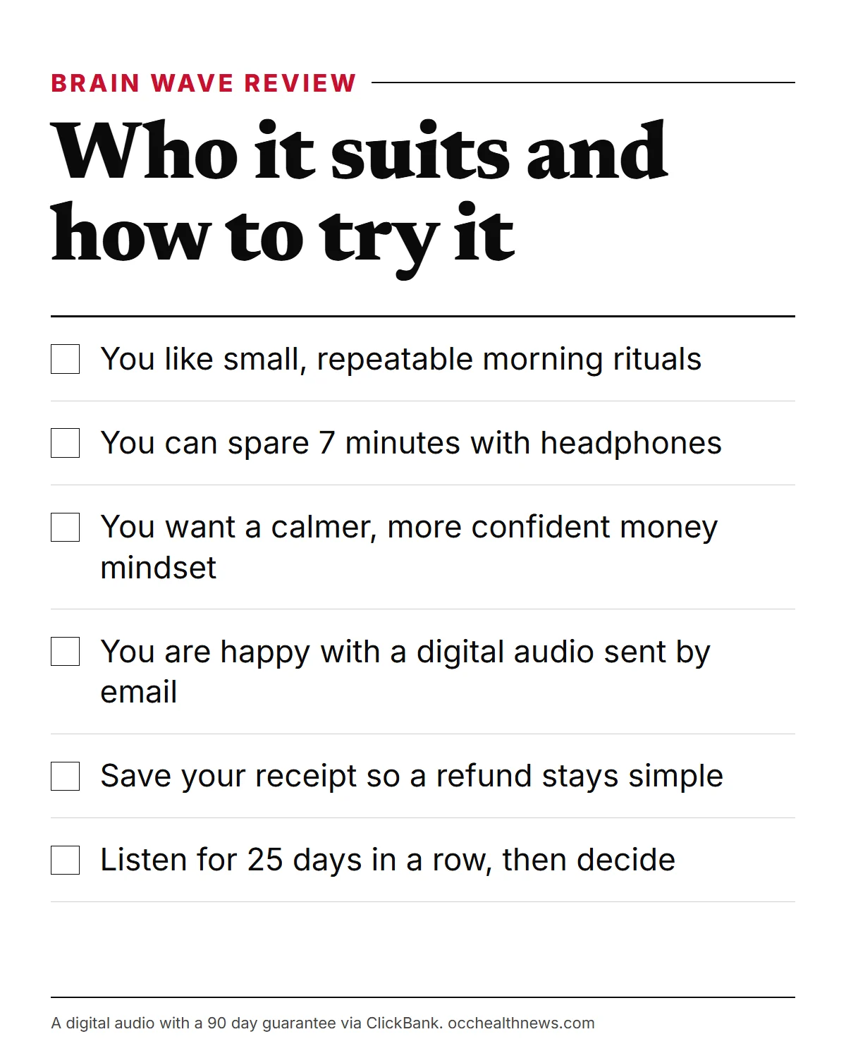 Billionaire Brain Wave review checklist: who it suits and how to try it for 25 days
