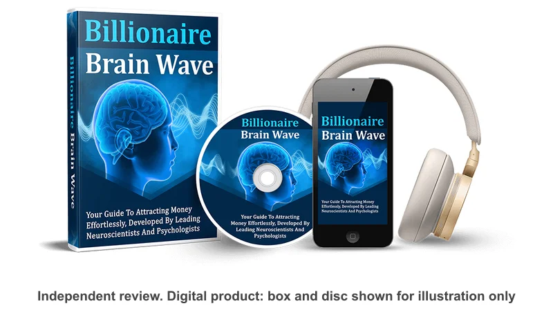 Billionaire Brain Wave mockup with a phone and headphones, as pictured by the seller (digital product, independent review)