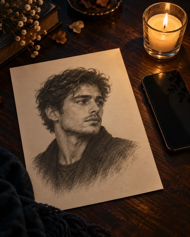 Pencil-style portrait sketch on a desk, our own illustration of the product type, not the seller's image