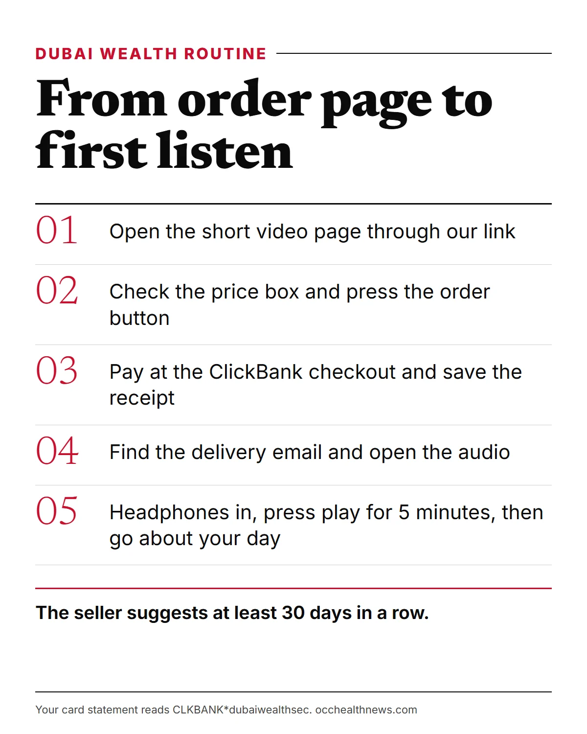 Dubai Wealth Secret review steps: from the order page to your first 5-minute listen