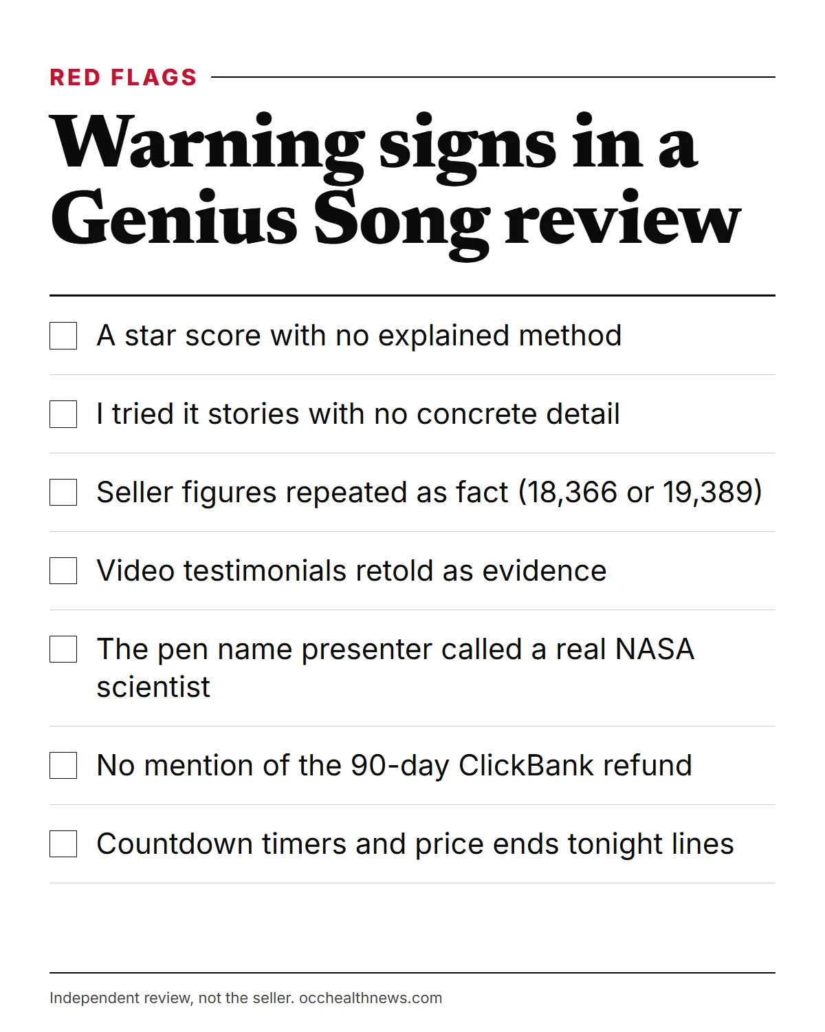 The Genius Song reviews infographic: unexplained star ratings, vague personal stories, repeated seller figures