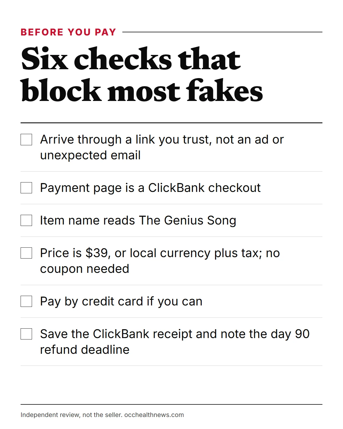 The Genius Song scam infographic: trusted link, checkout, correct item name, $39 price, credit card, saved receipt