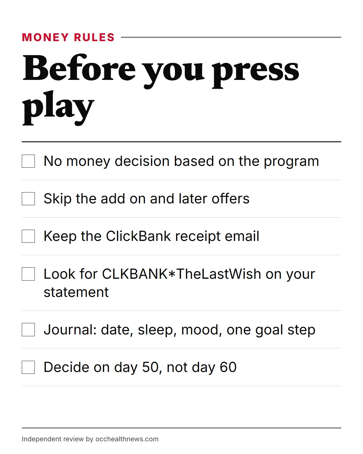 Last Wish program infographic: a checklist of the money rules, journal entries and refund steps for a 60-day trial