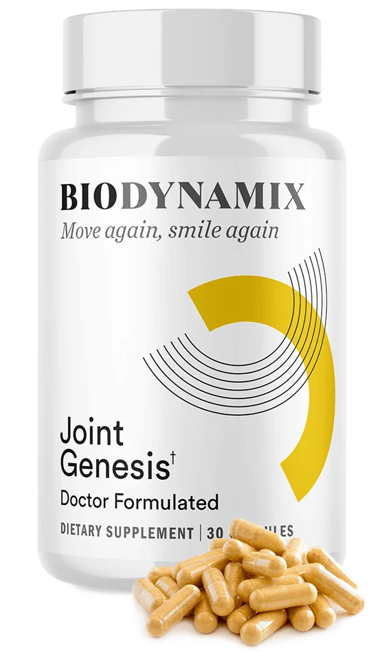 Joint Genesis bottle by BioDynamix with a pile of capsules, as pictured by the seller
