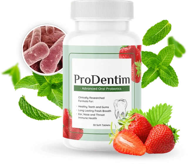 ProDentim bottle with strawberries and mint, as pictured by the seller