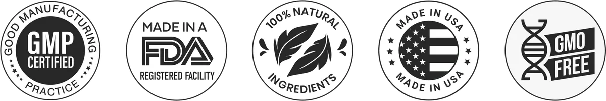 Quality seals shown by the ProDentim seller: GMP certified, FDA-registered facility, natural, made in USA, GMO free