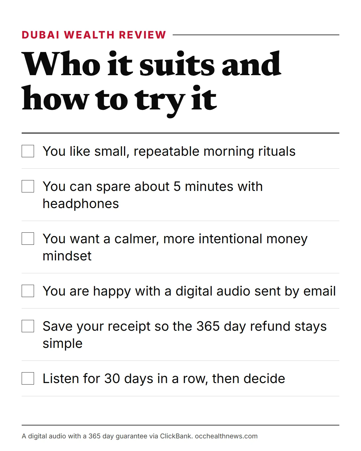 The Dubai Wealth Secret review checklist: who the 5-minute audio suits and how to try it