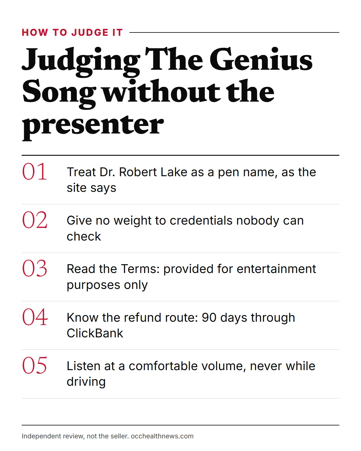 The Genius Song by Dr Lake infographic: treat the presenter as a pen name, ignore unverifiable credentials, read the Terms