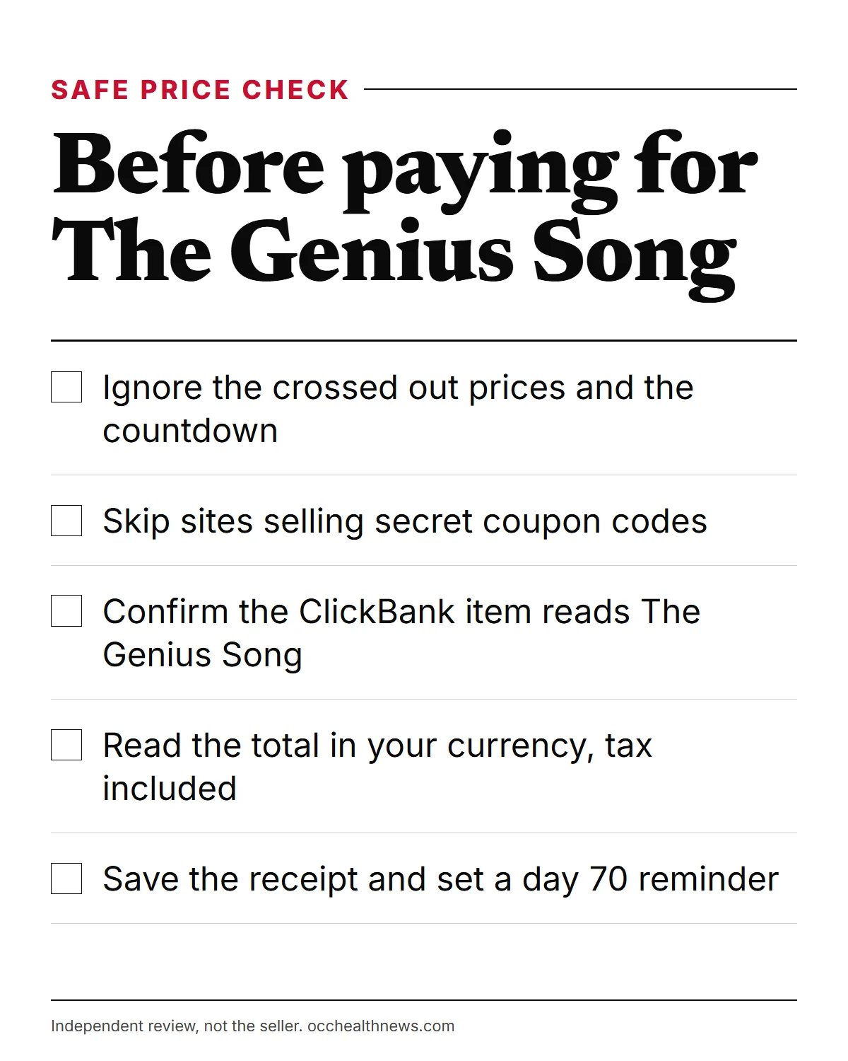 The Genius Song discount infographic: ignore the crossed-out prices, skip coupon sites, confirm the checkout item