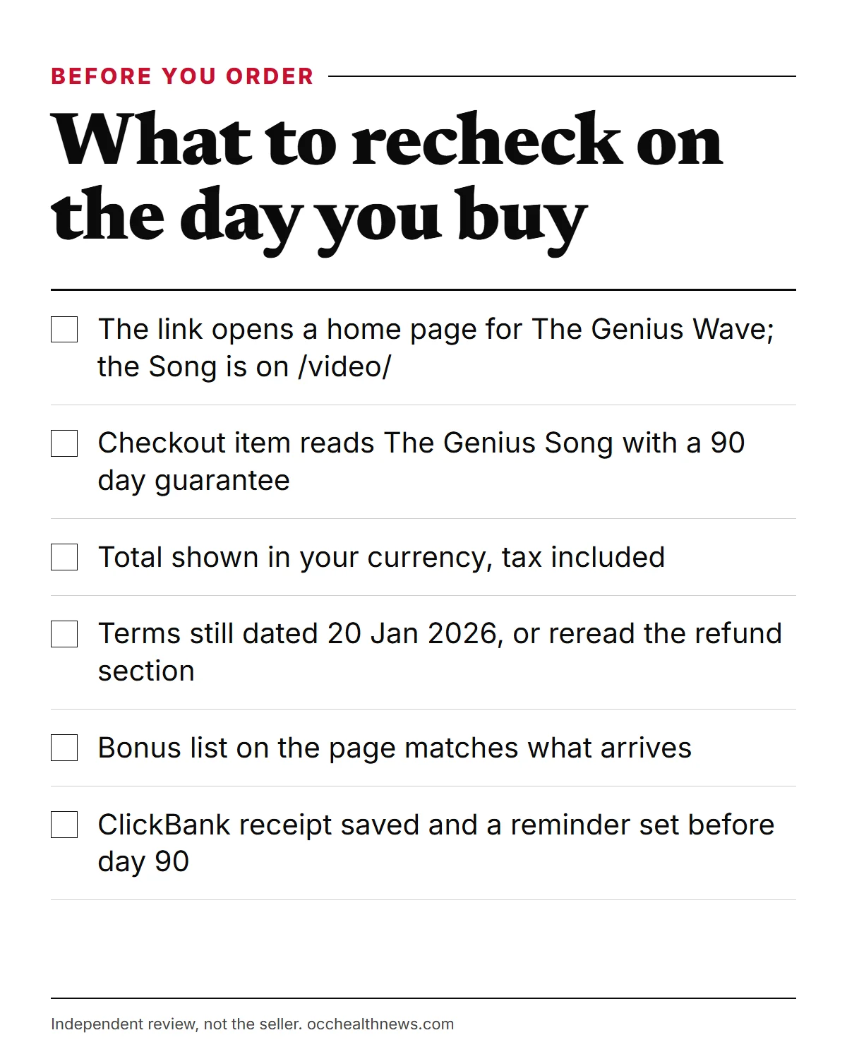 The Genius Song reviews 2026 infographic: check where the link lands, the checkout item, the local total, the Terms date