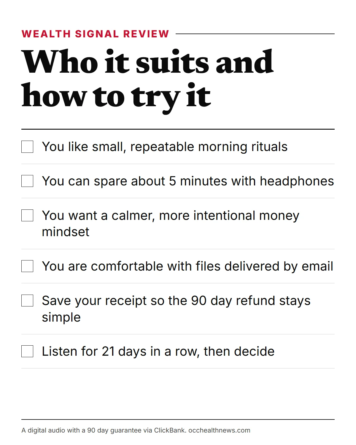 The Wealth Signal review checklist: who the 5-minute morning audio suits and how to try it